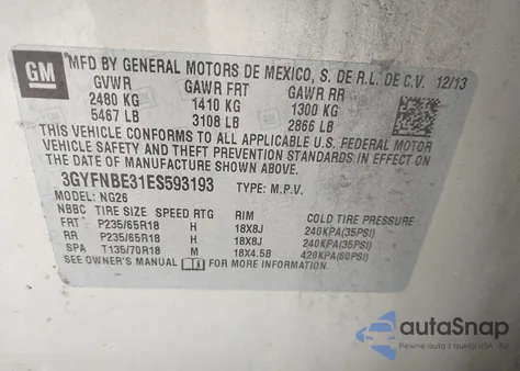 2014 Cadillac Srx Luxury Collection z USA, uszkodzony, nr VIN 3GYFNBE31ES593193